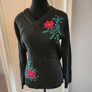 Floral Embroidered Christmas Black Sweater